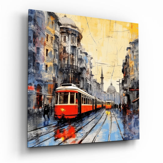 Amber Sky Red Tram Glass Wall Art