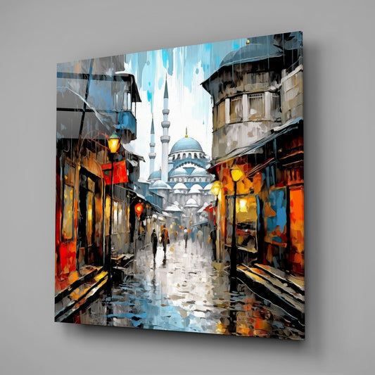 Rainy Mosque Street Lanterns Glass Wall Art