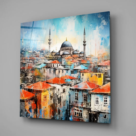 Red Rooftops Mosque Skyline Glass Wall Art