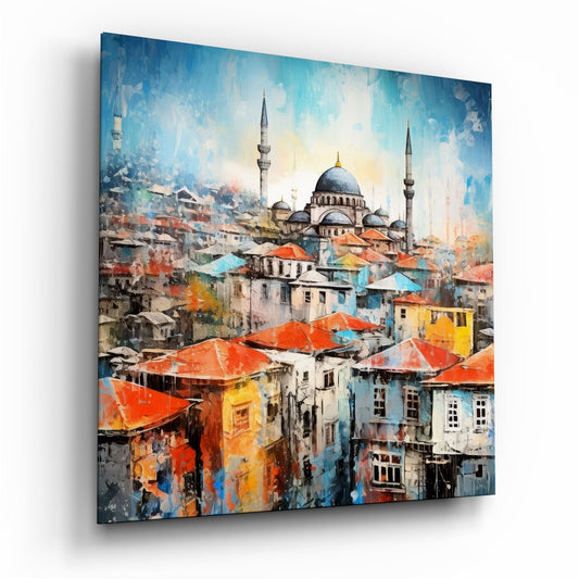 Red Rooftops Mosque Skyline Glass Wall Art