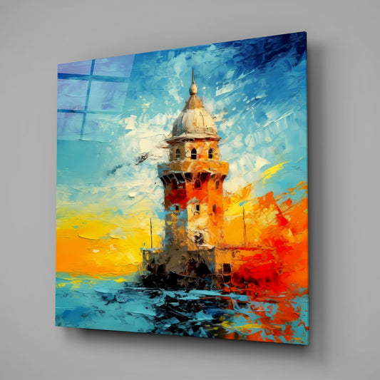 Impasto Yellow Sunset Maidens Tower Glass Wall Art