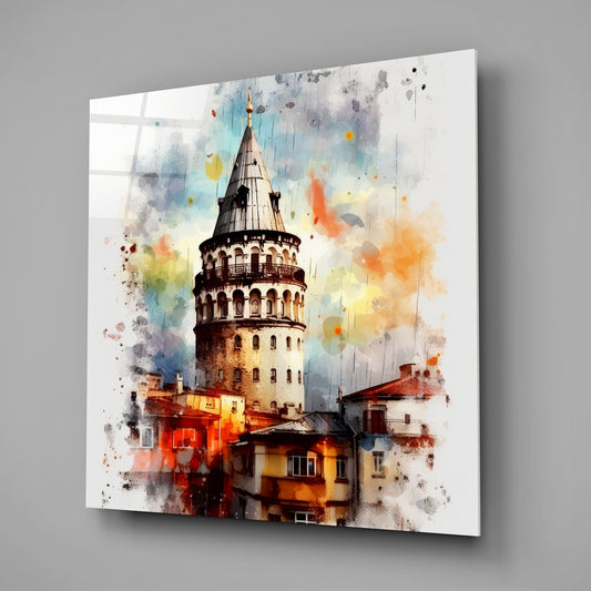 Splatter Watercolor Galata Tower Glass Wall Art