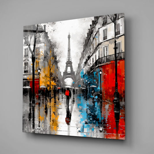 Rainy Boulevard Red and Yellow Glass Wall Art