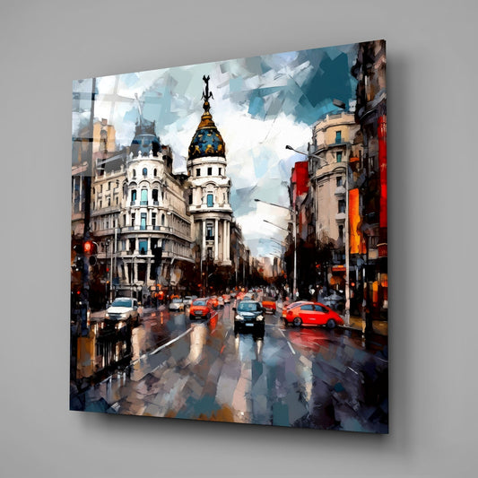Blue Dome Rainy Boulevard Spain Glass Wall Art