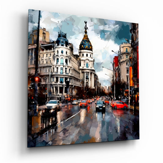 Blue Dome Rainy Boulevard Spain Glass Wall Art