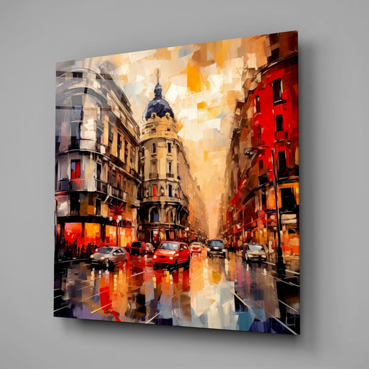 Amber Sunset Corner Buildings Spain Glass Wall Art