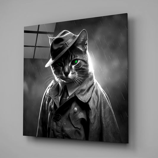 Detective Cat in Rain With Necktie Glass Wall Art