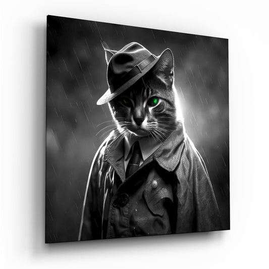 Detective Cat in Rain With Necktie Glass Wall Art