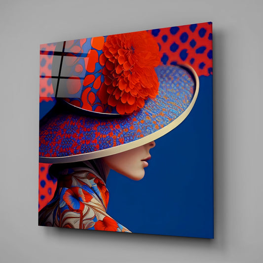 Red Bloom Wide Brim Hat Woman Glass Wall Art