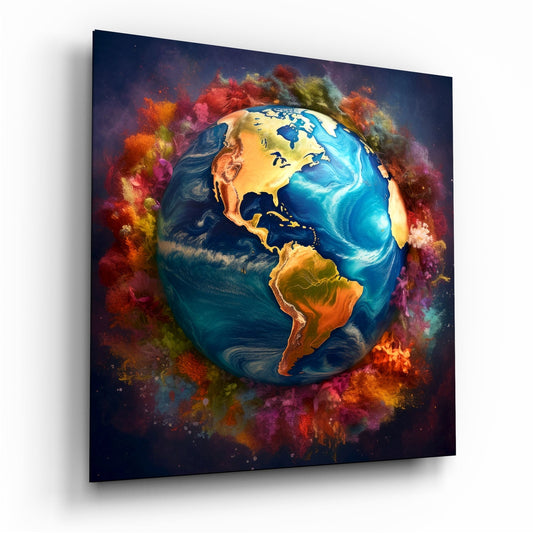 Earth Globe in Color Powder Clouds Glass Wall Art