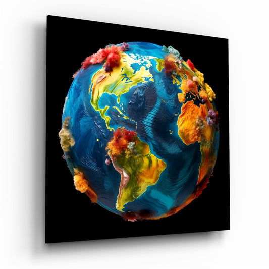 Painted Globe Color Bursts on Black Glass Wall Art