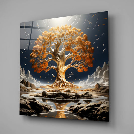 Orange Leaf Tree Of Life On Navy Sky Glass Wall Art
