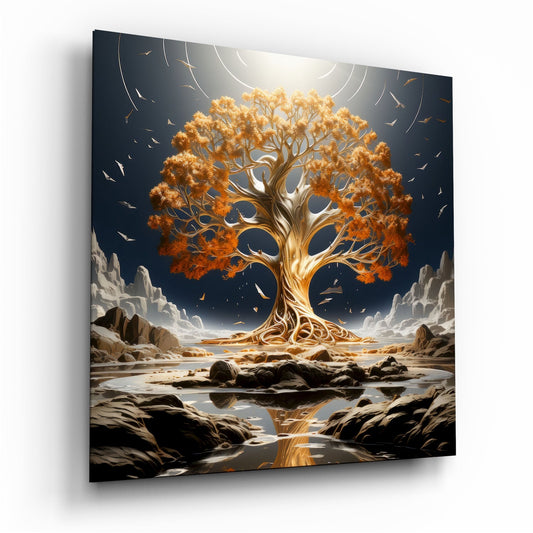 Orange Leaf Tree Of Life On Navy Sky Glass Wall Art