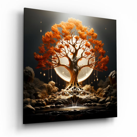 Autumn Orange Tree Of Life Full Moon Glass Wall Art