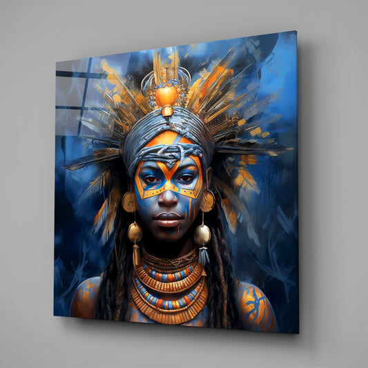 Blue and Gold Tribal Queen Feather Crown Glass Wall Art