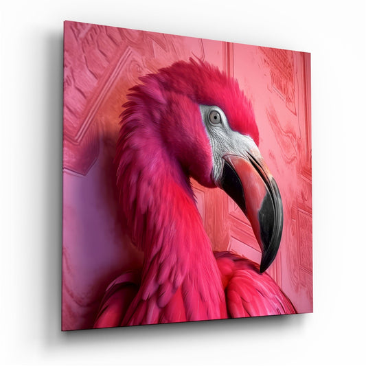 Crimson Red Feathered Flamingo Glass Wall Art