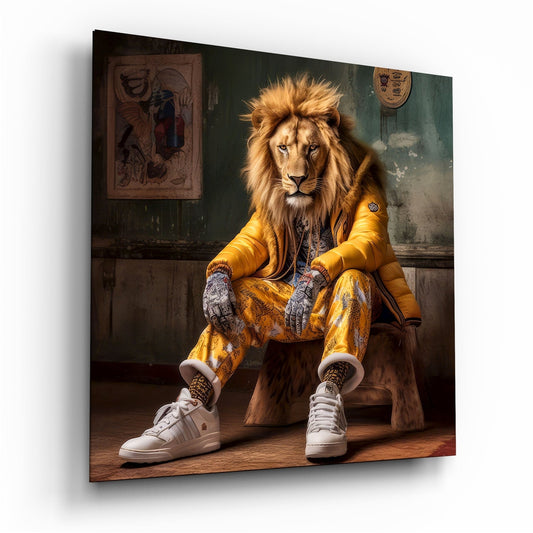 Lion In Yellow Puffer Jacket Sneakers Glass Wall Art