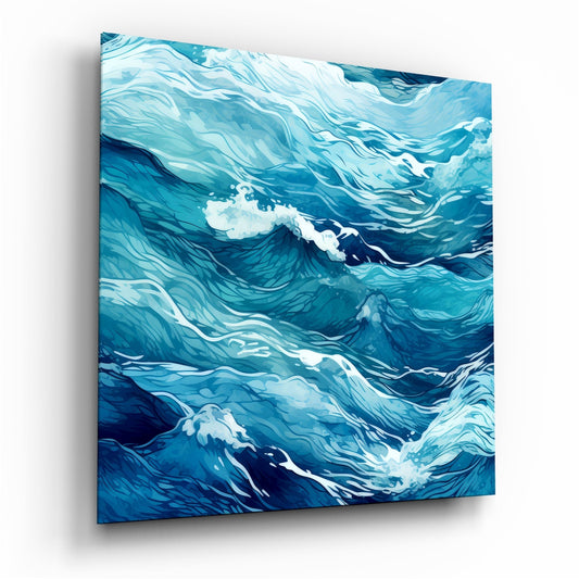 Rippling Blue Sea Line Waves Glass Wall Art