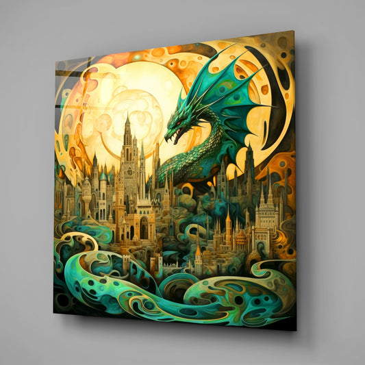 Green Dragon Coiled Over Spired City Glass Wall Art