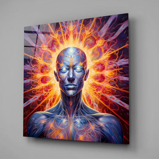 Blue Meditator Fiery Energy Aura Glass Wall Art