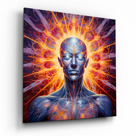 Blue Meditator Fiery Energy Aura Glass Wall Art