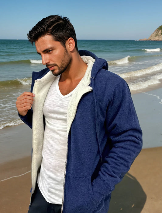 Mammoth Zip Sherpa Hoodie (Navy with White interior)