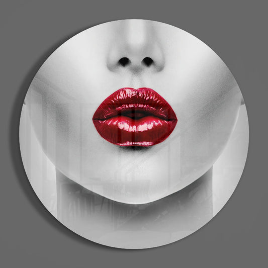 Red Glossy Lips Circle Glass Wall Art