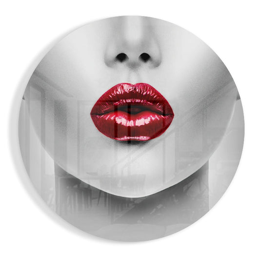 Red Glossy Lips Circle Glass Wall Art