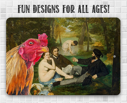 The Luncheon on the Grass Painting - Interrupted by Rooster - Metal Sign