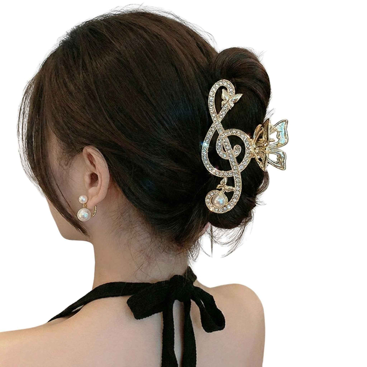 Treble Clef Hair Clip Sparkling Rhinestone Metal Gold Tone Butterfly Barrette for Music Lovers Formal Concert Wear