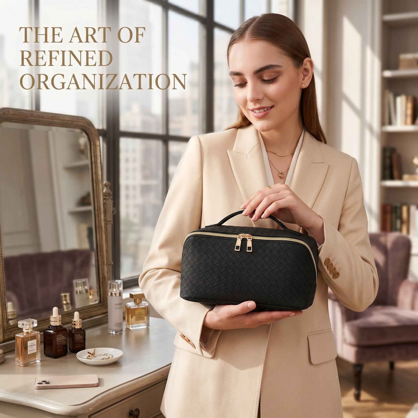Water Resist PU Leather Makeup Bag Large Capacity Travel Toiletry Pouch