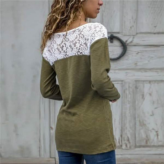Women Round Neck Sexy Lace Casual Long-Sleeved Top Otarealm