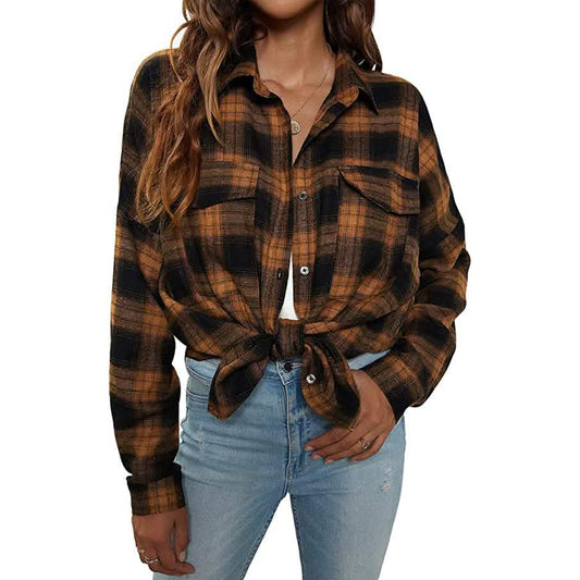 Women's Button Flannel Shirt Plaid Long Sleeve Top Otarealm