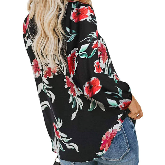 Women's Casual Boho Floral Print V Neck Long Sleeve Shirts Tops Otarealm