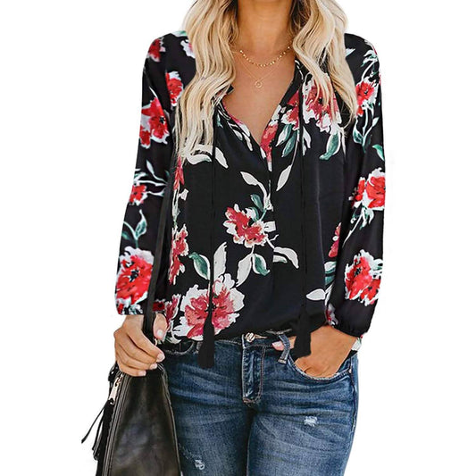 Women's Casual Boho Floral Print V Neck Long Sleeve Shirts Tops Otarealm