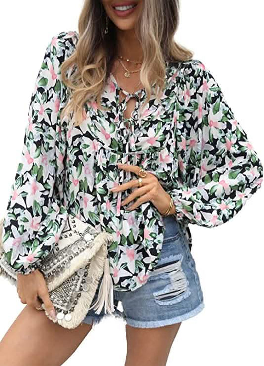 Women's Casual Boho Floral Print V Neck Long Sleeve Top Otarealm
