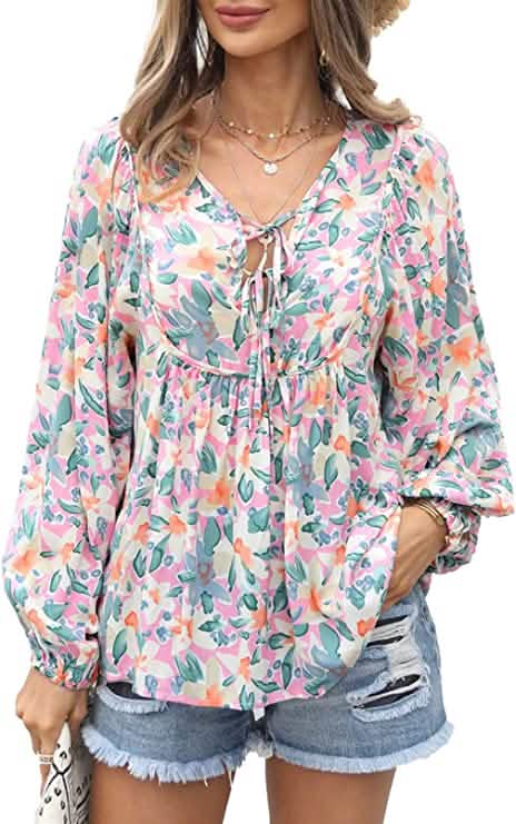Women's Casual Boho Floral Print V Neck Long Sleeve Top Otarealm