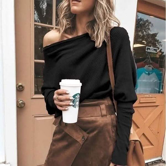 Women's Fashion Off Shoulder Long Sleeve Sweater Casual Long Sleeved Sweatshirt Top Otarealm