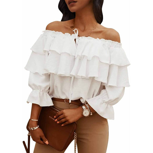 Women's Off Shoulder Ruffle Long Sleeve Shirt Casual Layered Top Otarealm