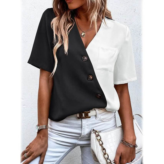Women's Pocket Button V-Neck Short Sleeve Shirt Otarealm