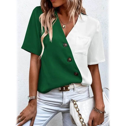Women's Pocket Button V-Neck Short Sleeve Shirt Otarealm