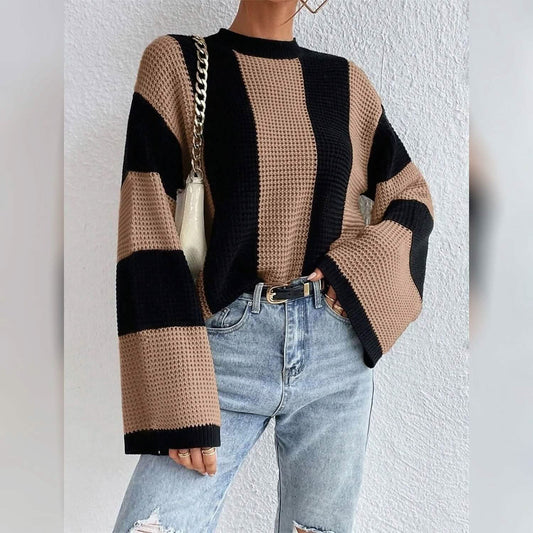 Women's Pullover Ribbed Knit Patchwork Striped Sweater Otarealm