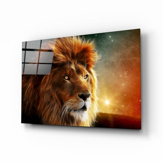 Cosmic Sunset Golden Lion Glass Wall Art