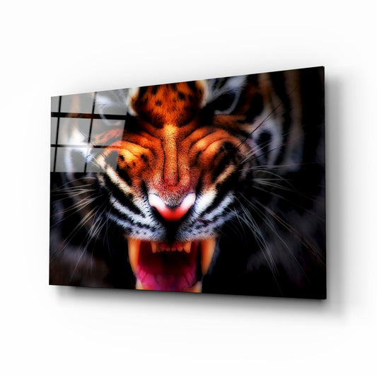 Snarling Tiger Closeup Amber Glass Wall Art