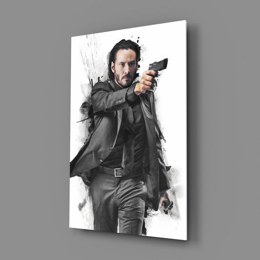 Suited Gunman Ink Splash Gray Glass Wall Art
