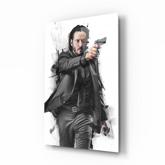 Suited Gunman Ink Splash Gray Glass Wall Art
