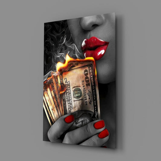 Red Nails Holding Burning Cash Glass Wall Art