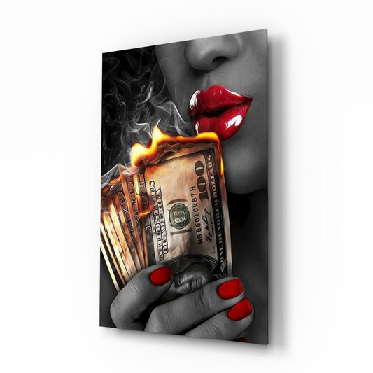 Red Nails Holding Burning Cash Glass Wall Art