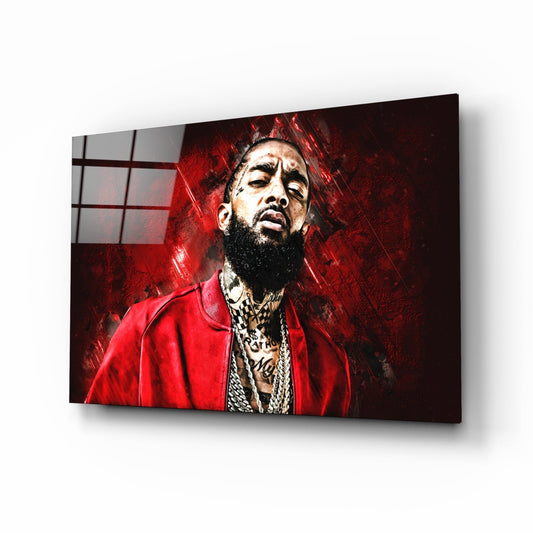 Crimson Backdrop Gold Chain Rapper Glass Wall Art