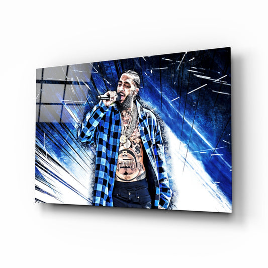 Blue Burst Plaid Shirt Rapper Glass Wall Art